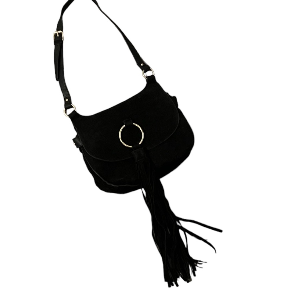 Inc suede black crossbody fringe flap bag
